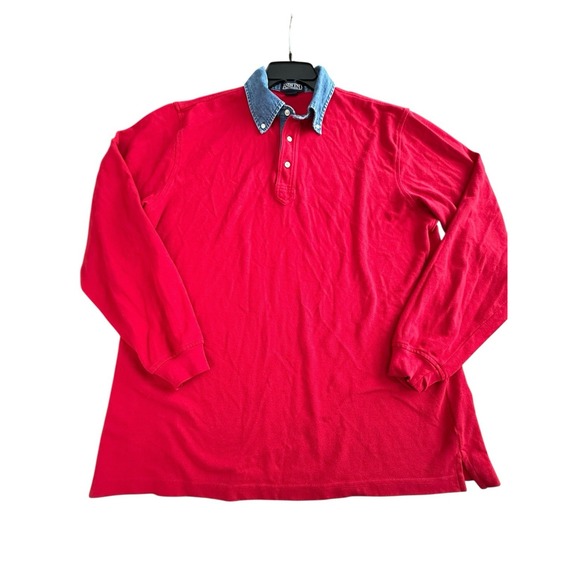 LANDS END Shirt Men Large Rugby Polo Denim Collar Long Sleeve Pique Red #V4-5 - Picture 9 of 9